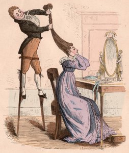 Un homme sur des échasses aidant une femme à se tordre vigoureusement les cheveux - Unknown